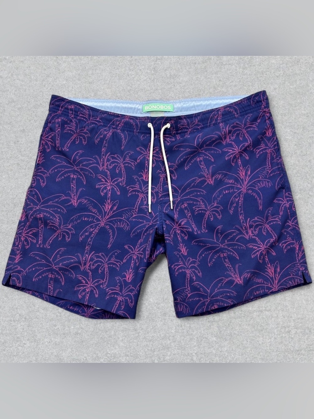 🌴 Bonobos Navy Blue Swim Trunks with Pink Palm Print - Size Large